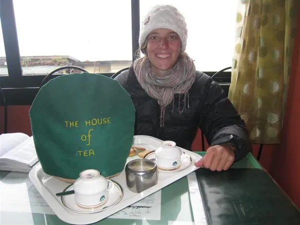 Robyn enjoying a spot of Darjeeling tea.