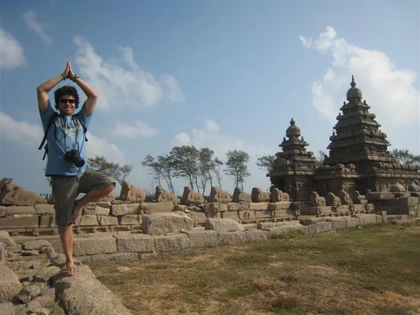 Glen practicing his Yoga at the Shore Temple, Mamallapuram.