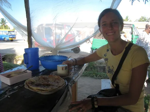 Robyn enjoying some chaparti & chai (our breakfast everyday)