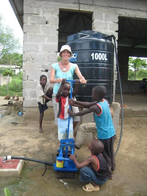The water foot-pump and tank at the Centre