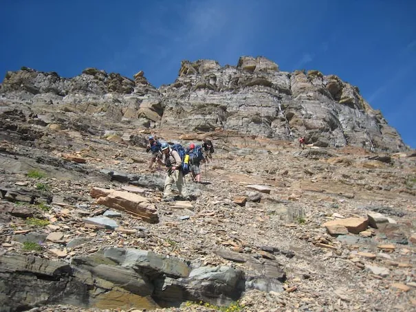 Coming down after climbing a goat trail over Grizzly Wide Pass
