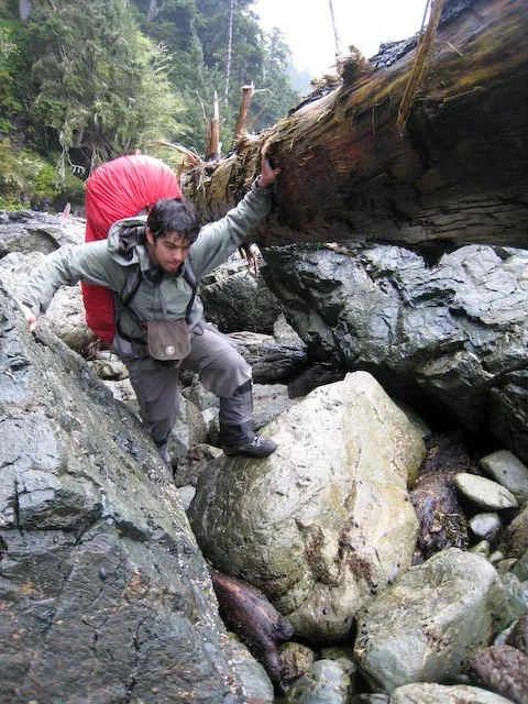 Some of the tougher rock scrambling. We had to wake up early to beat the tide before it made part of the trail impassable.