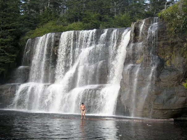 Who ever said speedos were uncool? The waterfall is pretty impressive as well!