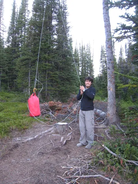 Glen hanging up the food sack for the night, Jasper National Park