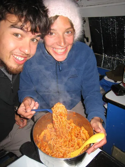 One of the many gourmet dinners we whipped up in the Kombi van