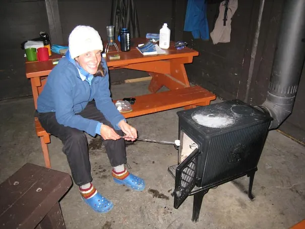 Fashionista Robyn toasting a marshmallow, Yoho National Park