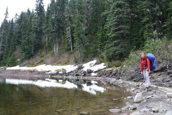 Robyn in by the first lake. This was also the start of the snow line