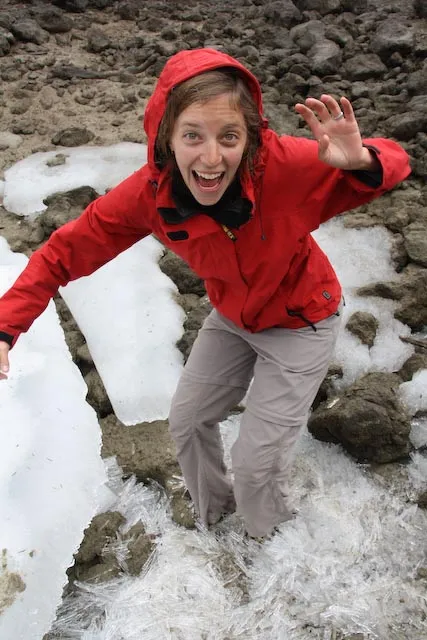 Robyn having fun breaking the remnants of the frozen lake