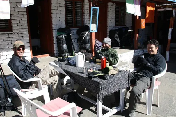 Jason, Warren and Glen warming up with some hot tea after a chilly morning