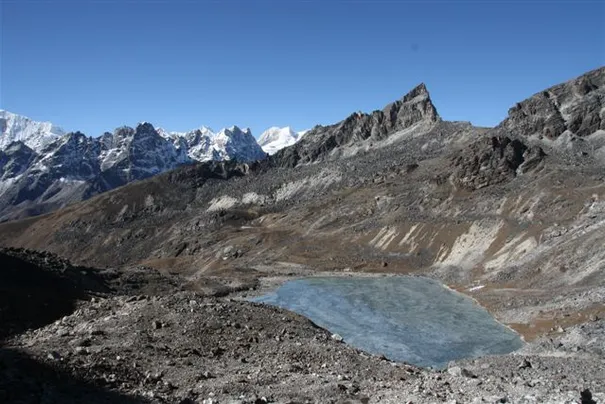 A frozen lake as seen from the Renjo Pass