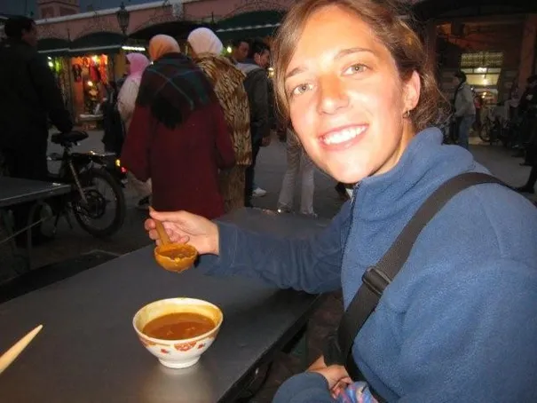 Robyn tucking into some warm traditional Moroccan soup, Marrakesh