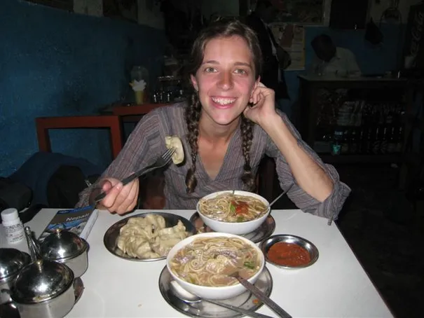 Robyn and her Tibetan Momos (dumplings) and Thoupa (noodle soup)