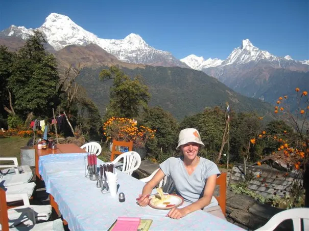 Robyn enjoying some lunch with amazing views of the Annapurna Ranges