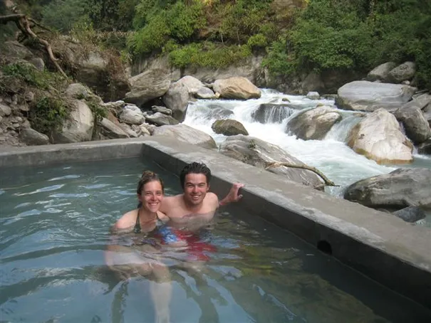 Glen and Robs relaxing in the hot springs on day 9 of the 10 day trek