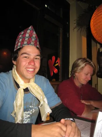 Glen wearing traditional Nepali gear given to him by a guide at his birthday dinner celebrations, Kathmandu