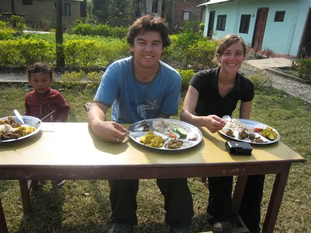 Robs and Glen eating their Nepali Christmas lunch