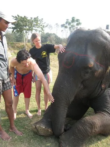 Robs and Glen thanking the elephant for the bath time