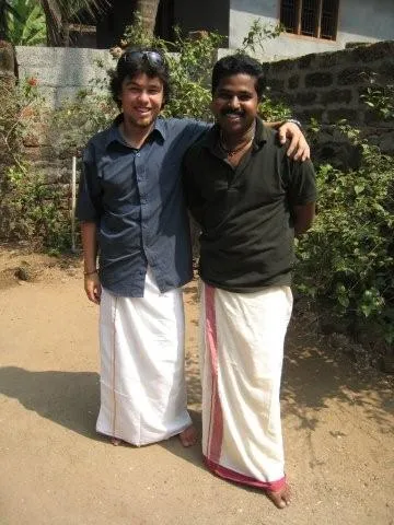 Glen and Ranjith wearing some typical Indian wear in Calicut, India.