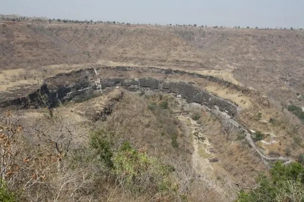 The spectacular horse shoe setting of Ajanta Caves.